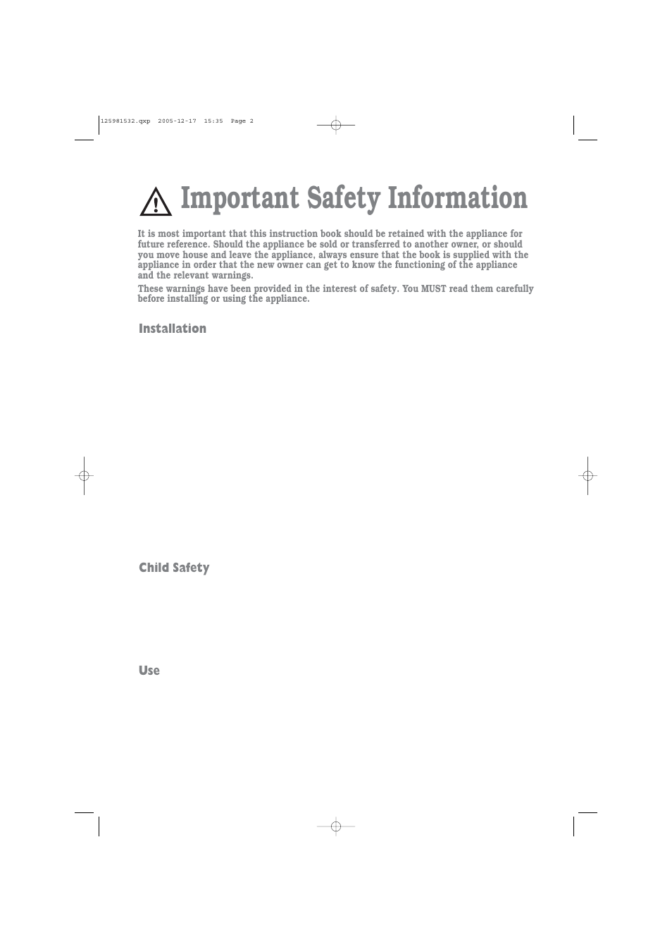 Important safety information, Installation, Child safety | Zanussi TD 4213 W User Manual | Page 2 / 17