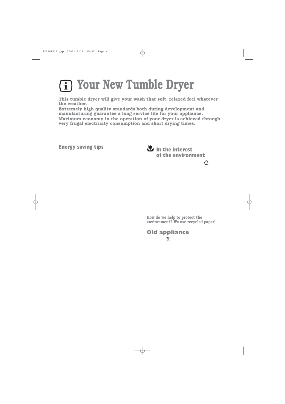 Your new tumble dryer, Old appliance, Energy saving tips | Zanussi TD 4213 W User Manual | Page 4 / 17