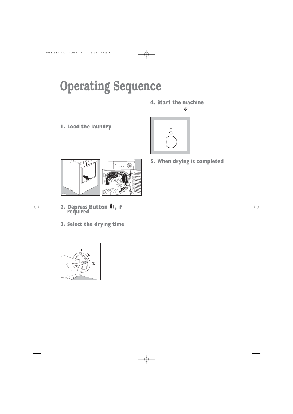 Operating sequence, Load the laundry, Start the machine | When drying is completed | Zanussi TD 4213 W User Manual | Page 8 / 17