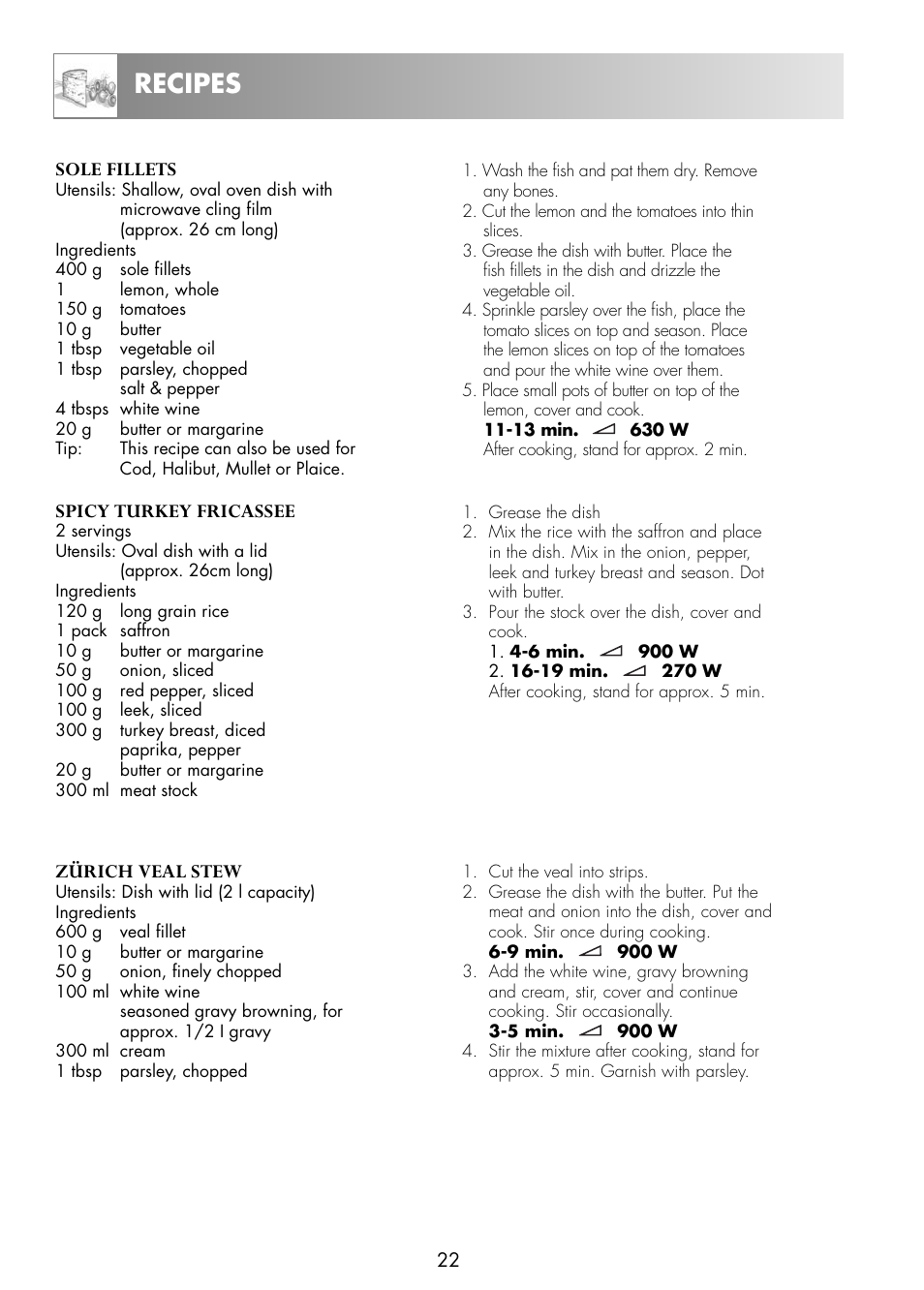 Recipes, Zürich veal stew, Spicy turkey fricassee | Sole fillets | Zanussi ZNM11X User Manual | Page 24 / 36