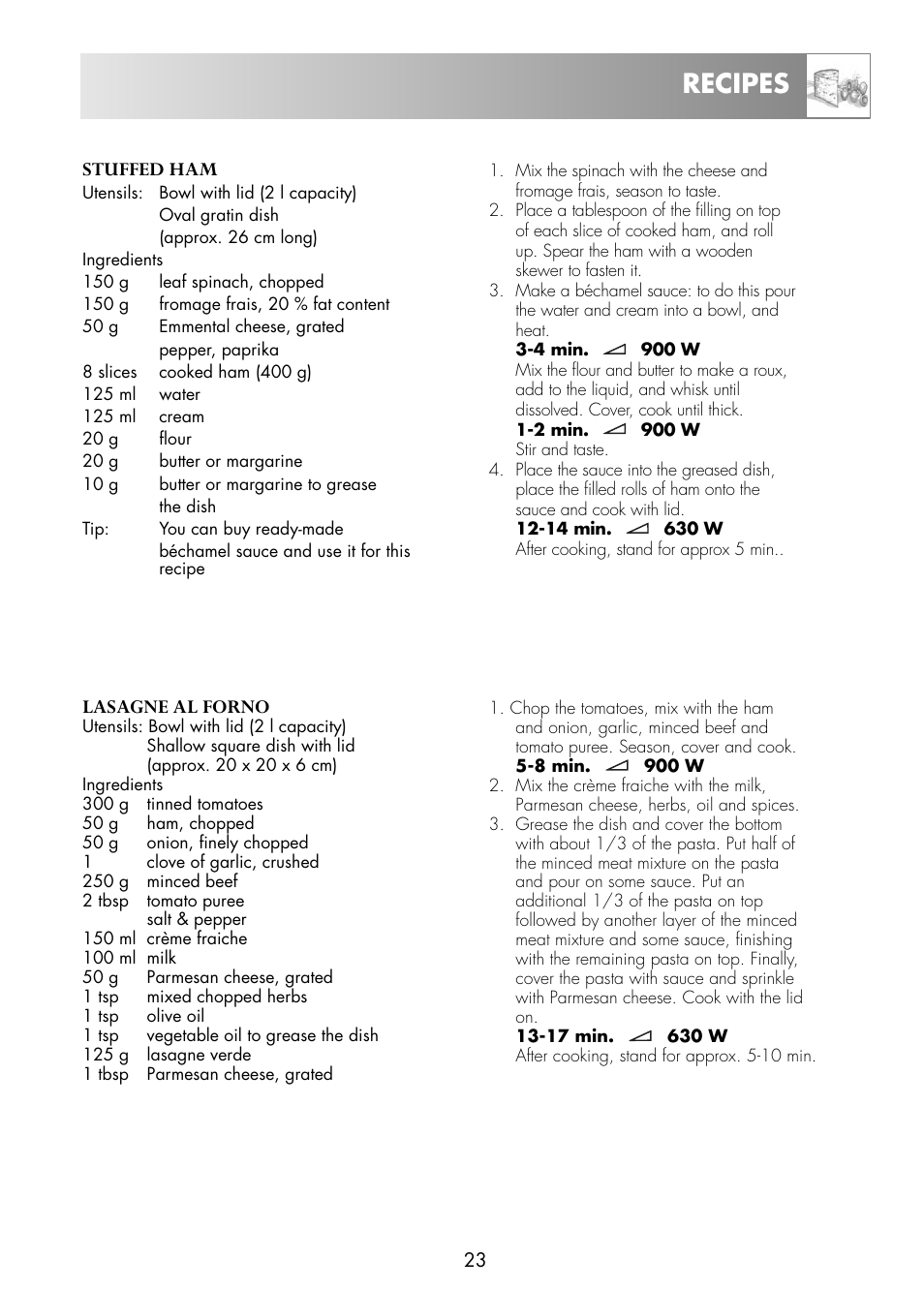 Recipes, Stuffed ham, Lasagne al forno | Zanussi ZNM11X User Manual | Page 25 / 36