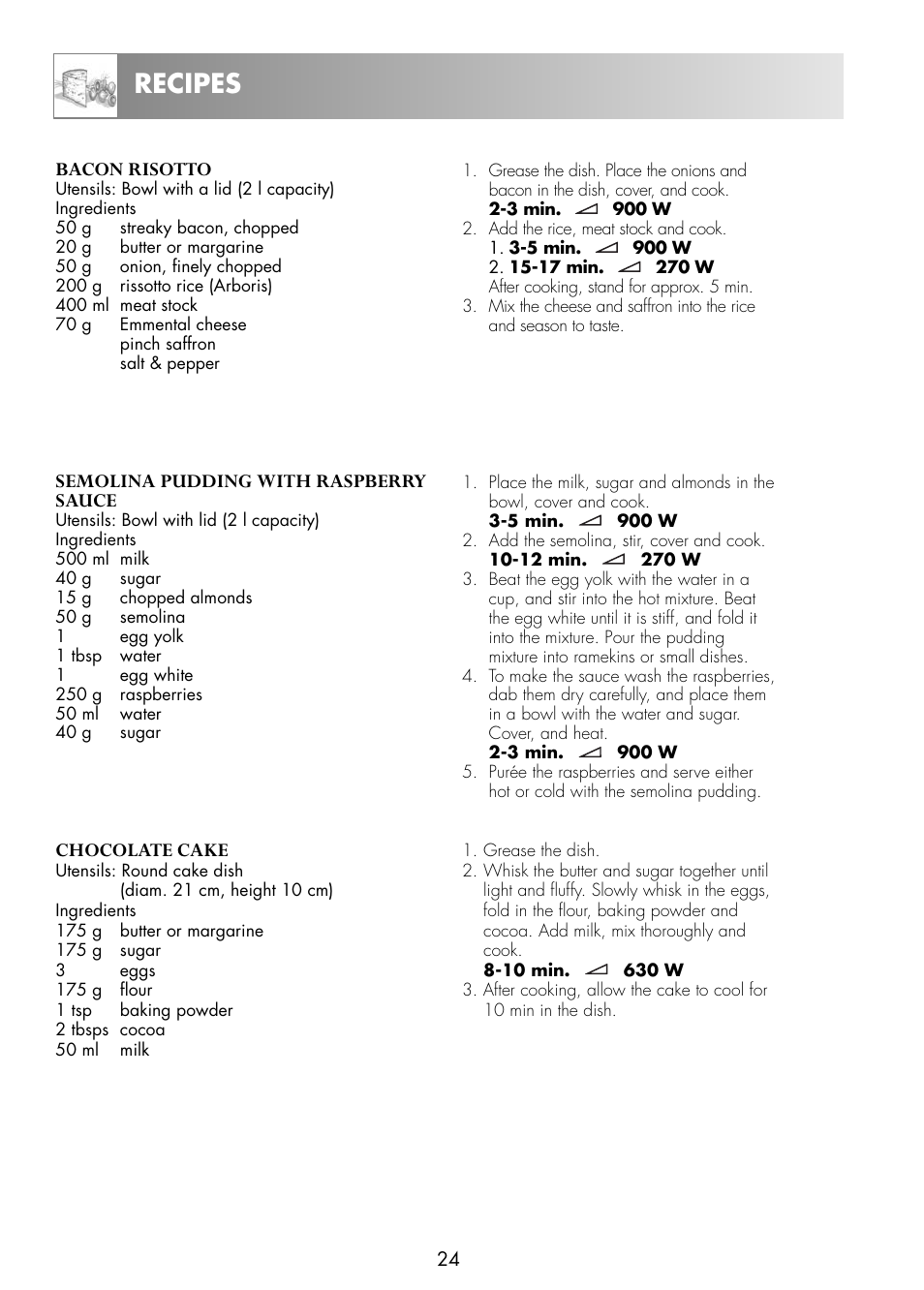 Recipes, Semolina pudding with raspberry sauce, Chocolate cake | Bacon risotto | Zanussi ZNM11X User Manual | Page 26 / 36