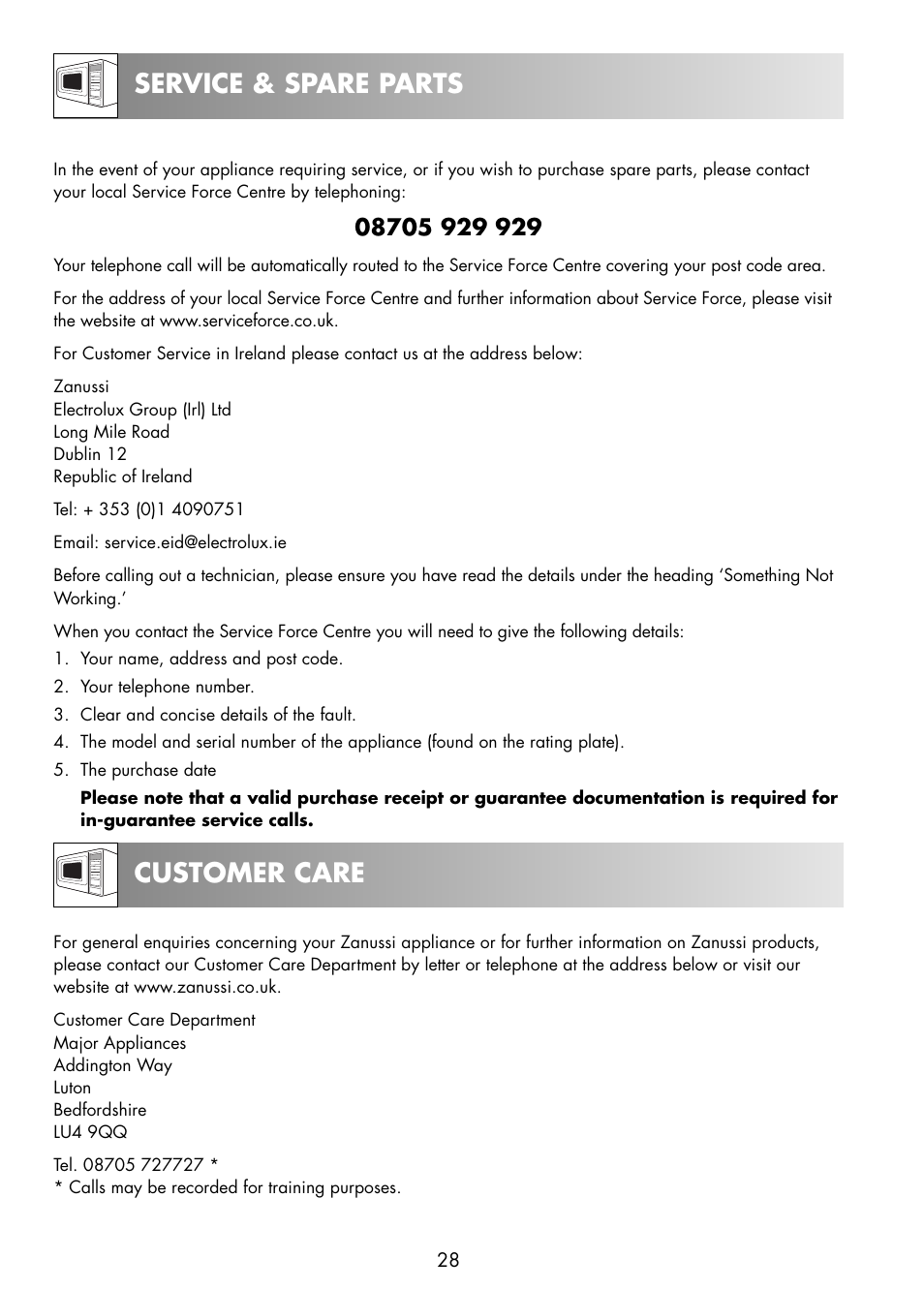 Service & spare parts customer care | Zanussi ZNM11X User Manual | Page 30 / 36