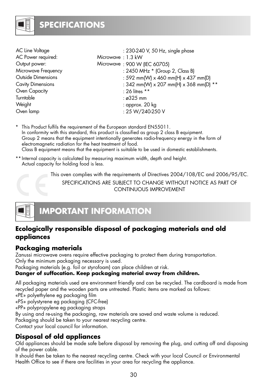 Specifications important information | Zanussi ZNM11X User Manual | Page 32 / 36