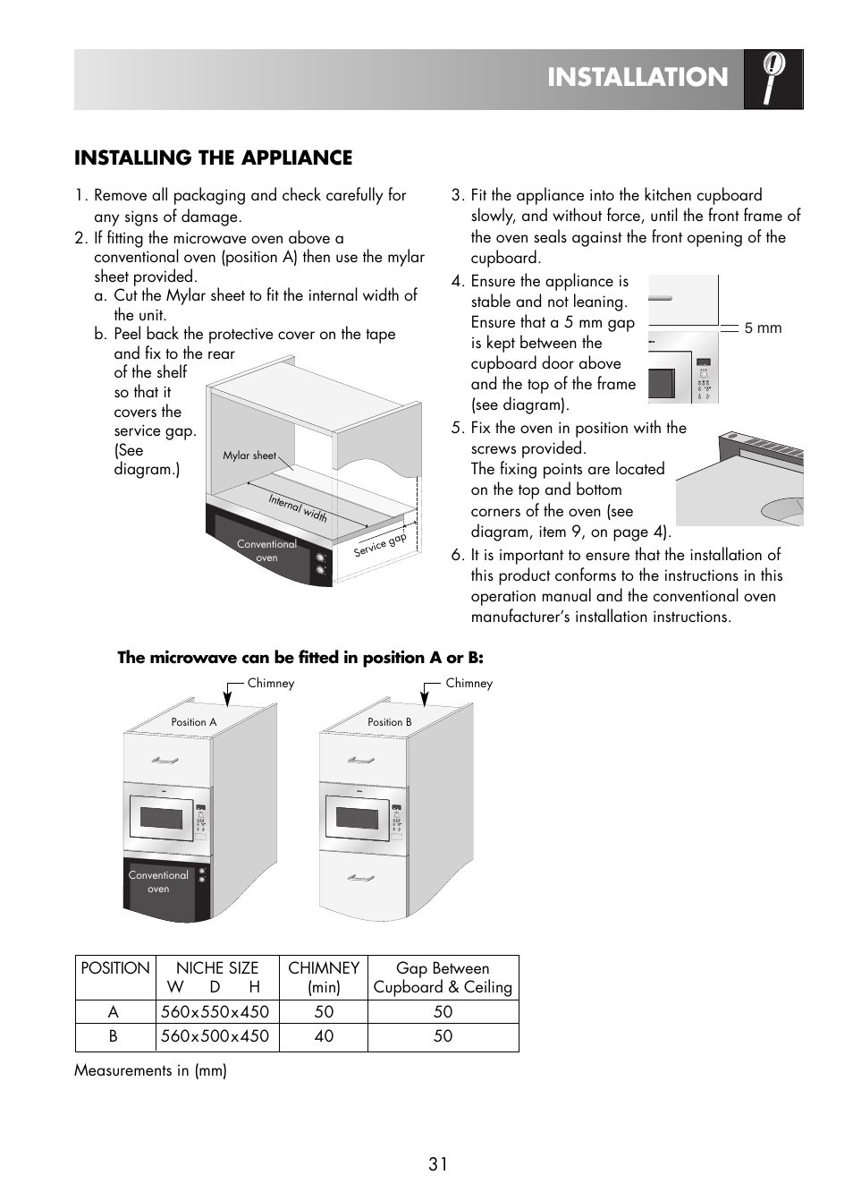 Installation, Installing the appliance | Zanussi ZNM11X User Manual | Page 33 / 36