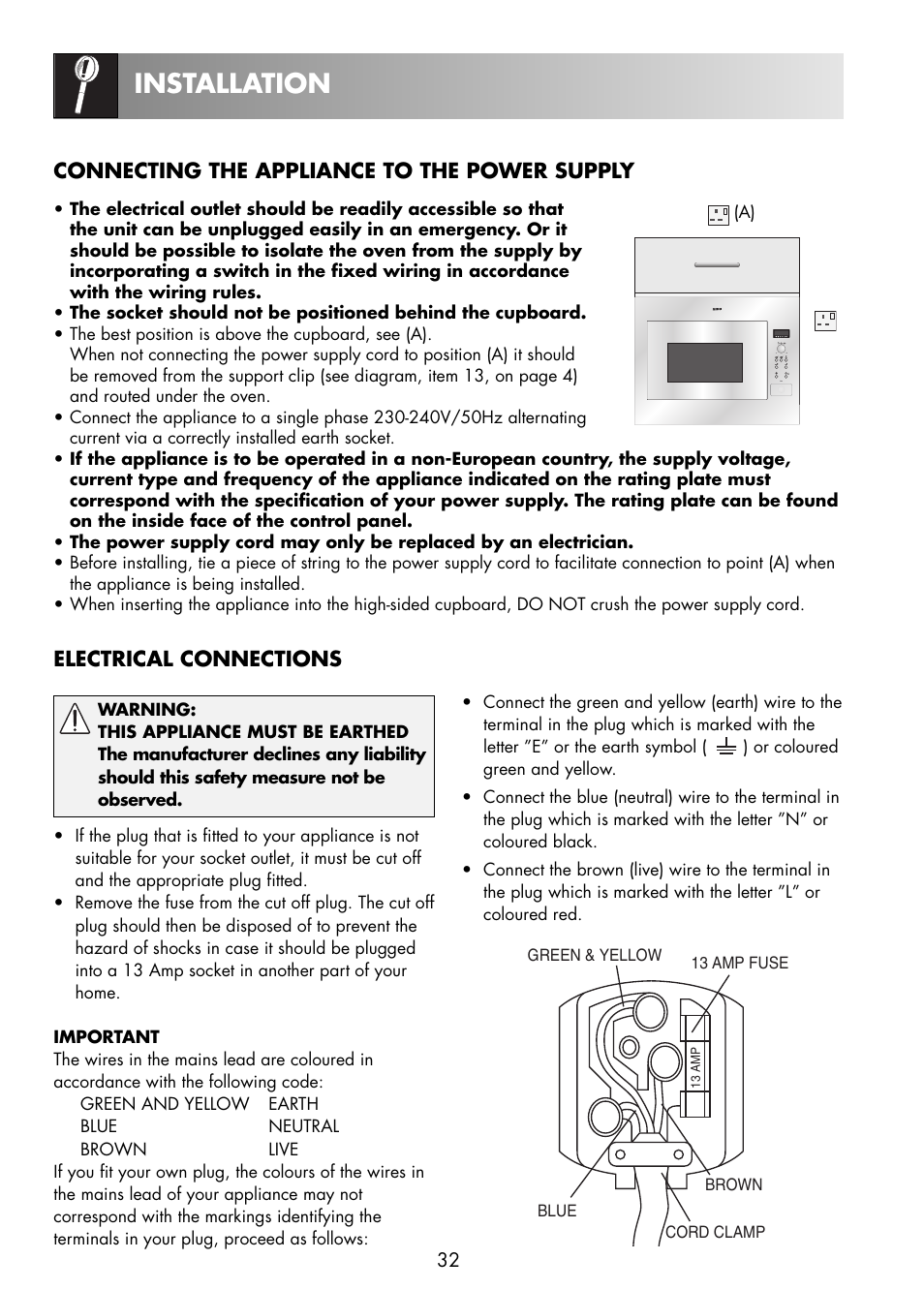 Installation, Electrical connections, Connecting the appliance to the power supply | Zanussi ZNM11X User Manual | Page 34 / 36