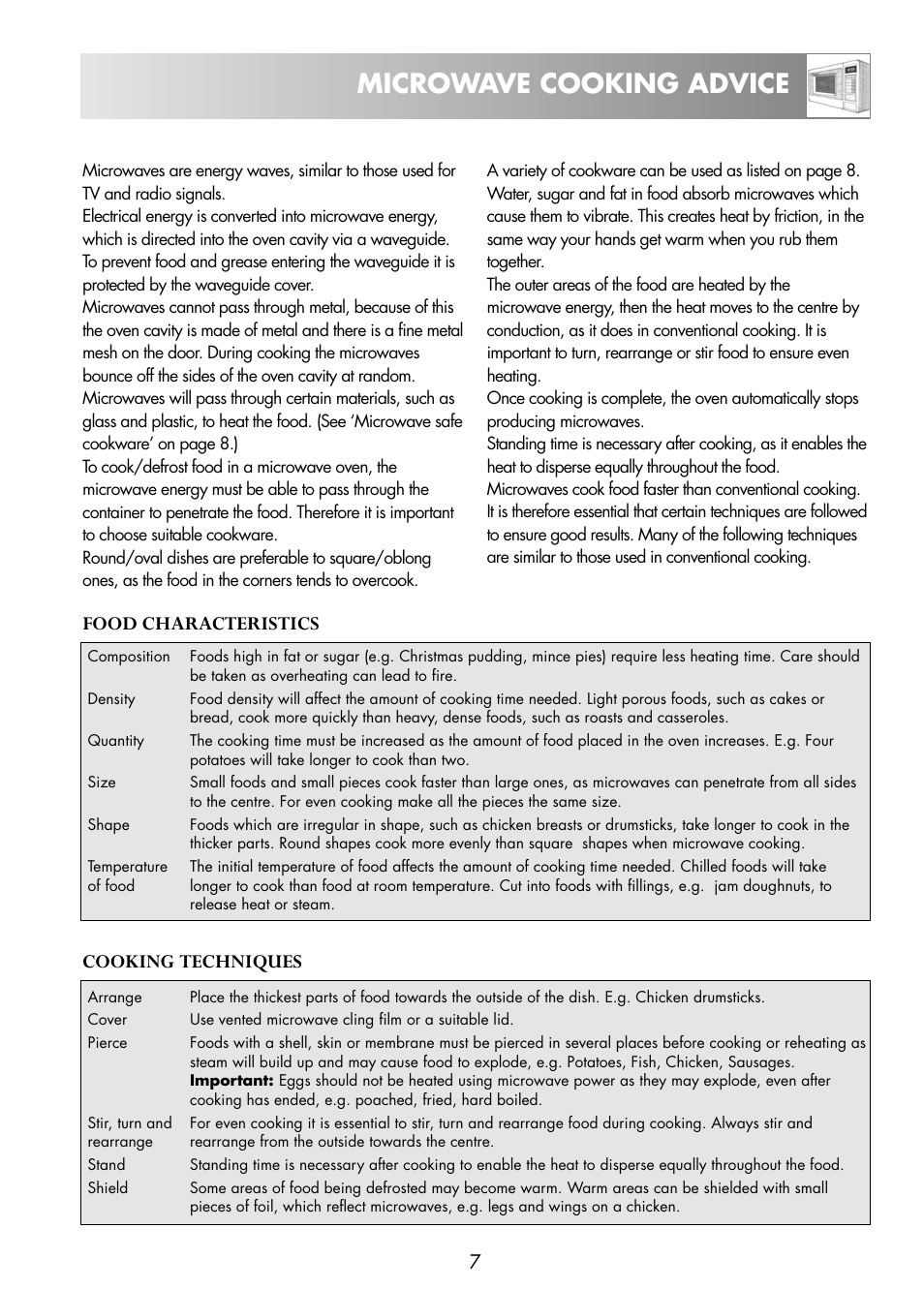 Microwave cooking advice, Food characteristics, Cooking techniques | Zanussi ZNM11X User Manual | Page 9 / 36