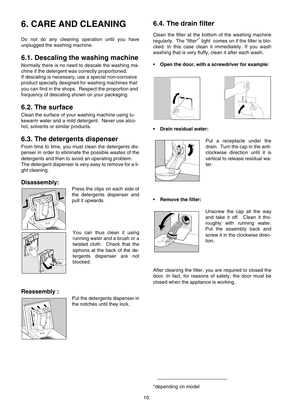 Care and cleaning, Descaling the washing machine, The surface | The detergents dispenser, The drain filter | Zanussi TE 962 V User Manual | Page 10 / 16
