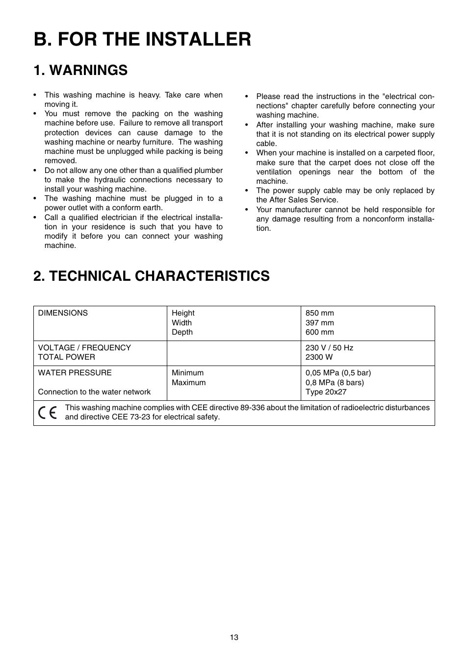 B. for the installer, Warnings, Technical characteristics | Zanussi TE 962 V User Manual | Page 13 / 16