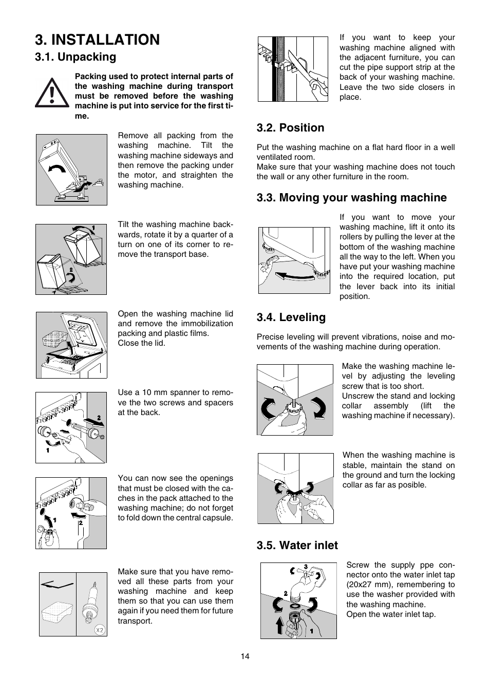 Installation, Unpacking, Position | Moving your washing machine, Leveling, Water inlet | Zanussi TE 962 V User Manual | Page 14 / 16