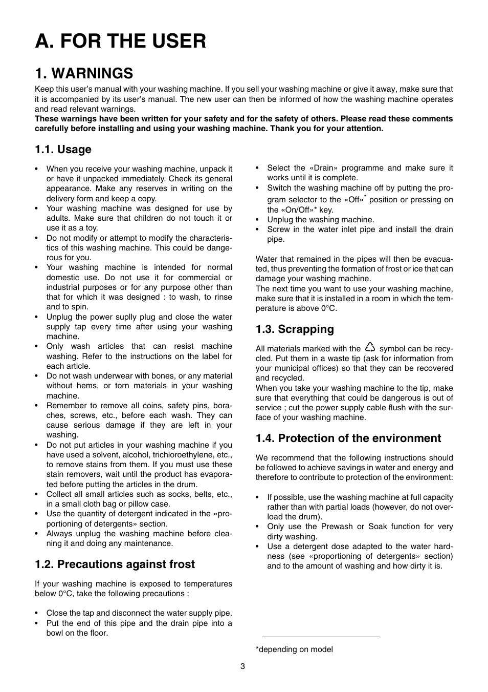 A. for the user, Warnings, Usage | Precautions against frost, Scrapping, Protection of the environment | Zanussi TE 962 V User Manual | Page 3 / 16