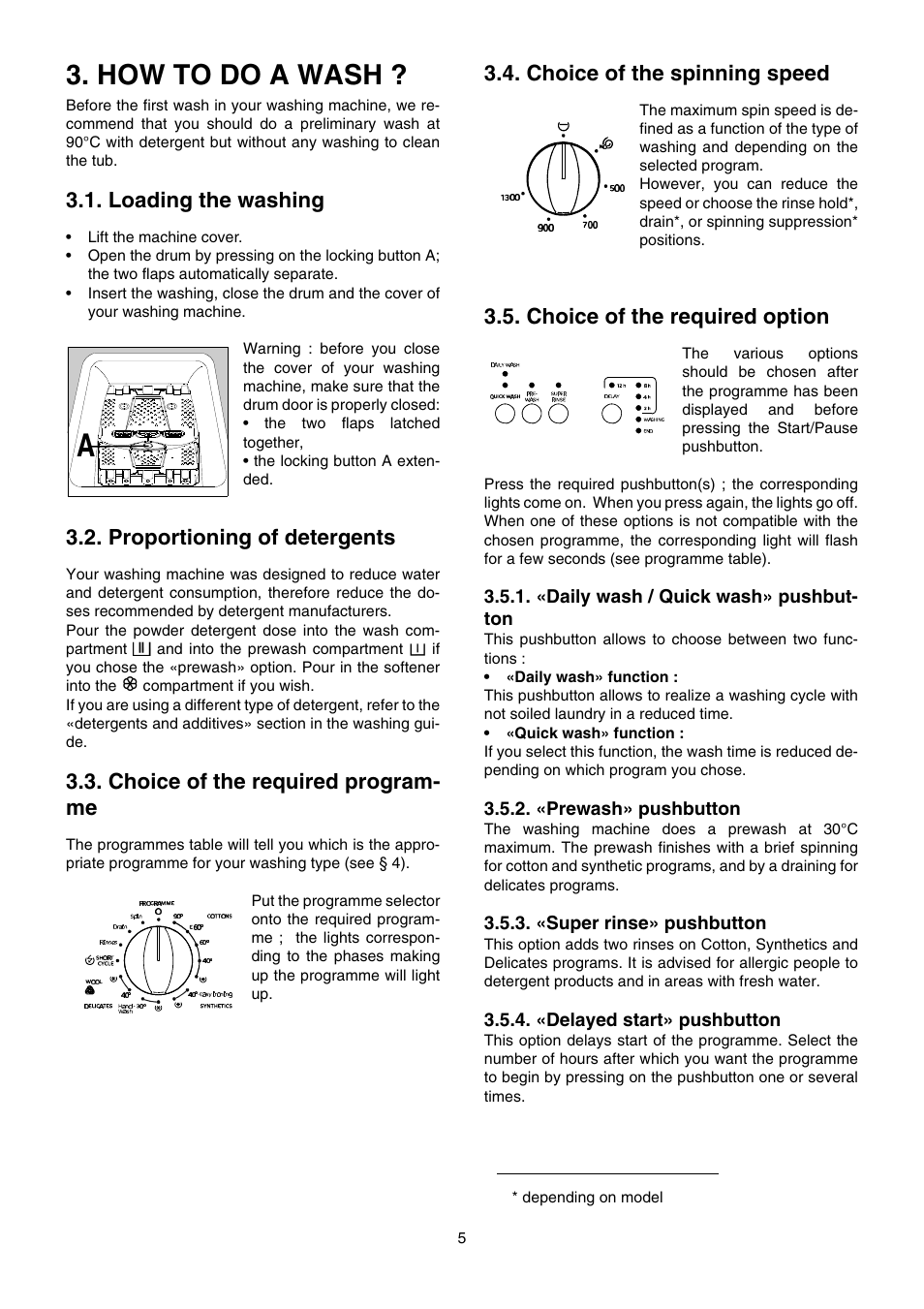 How to do a wash, Loading the washing, Proportioning of detergents | Choice of the required program- me, Choice of the spinning speed, Choice of the required option | Zanussi TE 962 V User Manual | Page 5 / 16