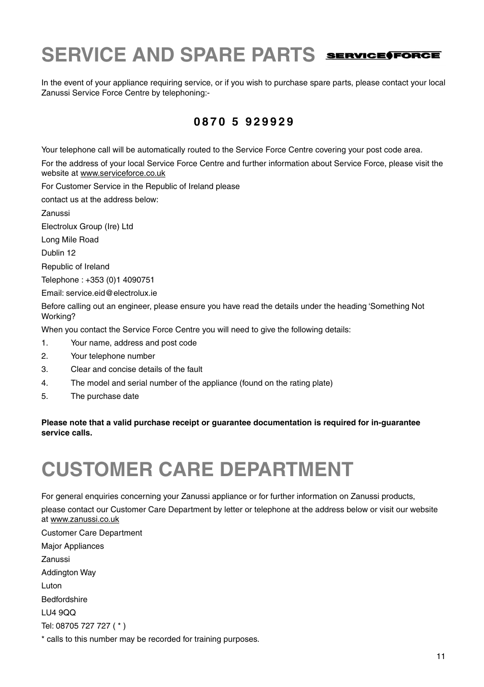 Service and spare parts customer care department | Zanussi Z1921/8 FFA User Manual | Page 11 / 20