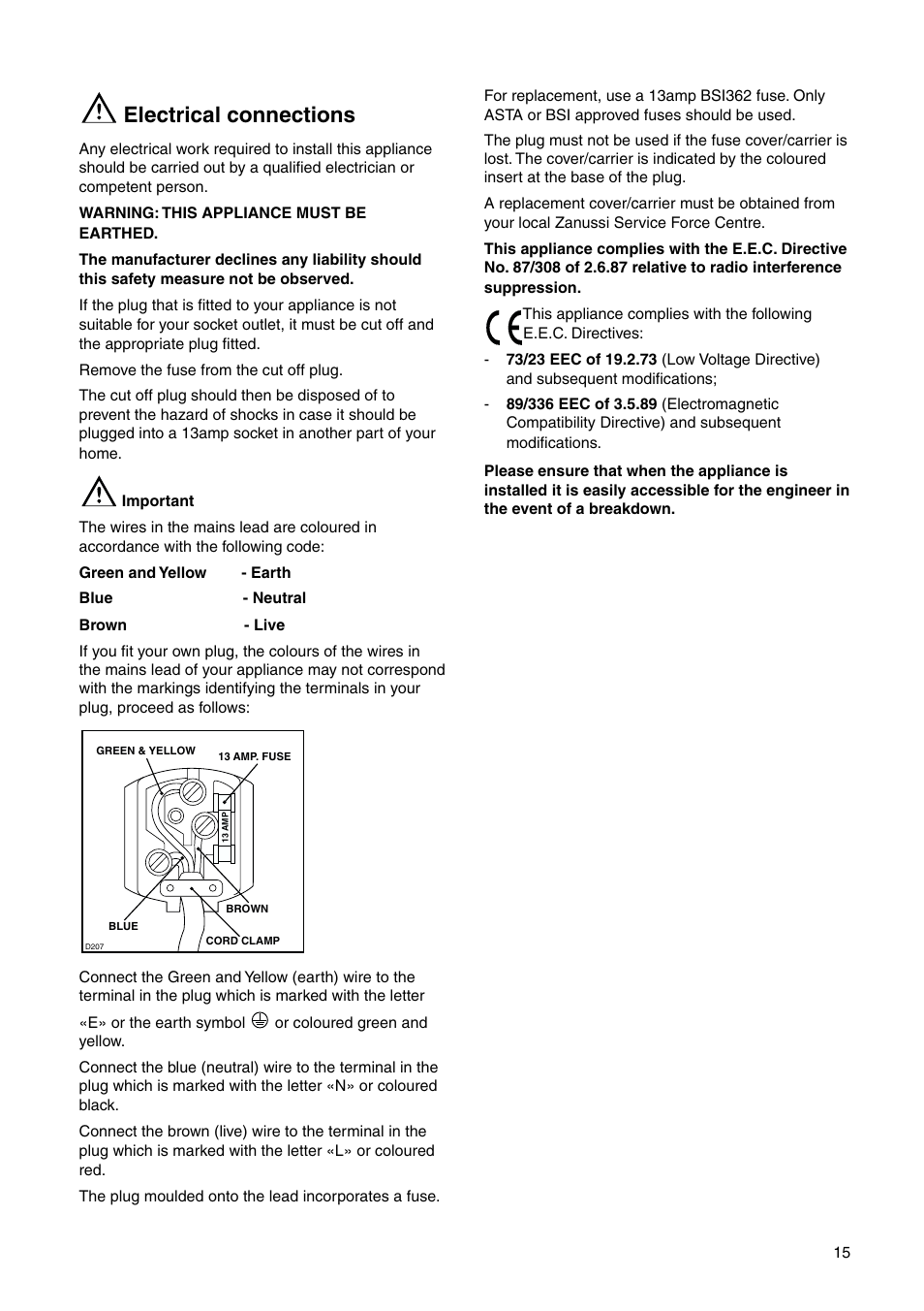 Electrical connections | Zanussi Z1921/8 FFA User Manual | Page 15 / 20