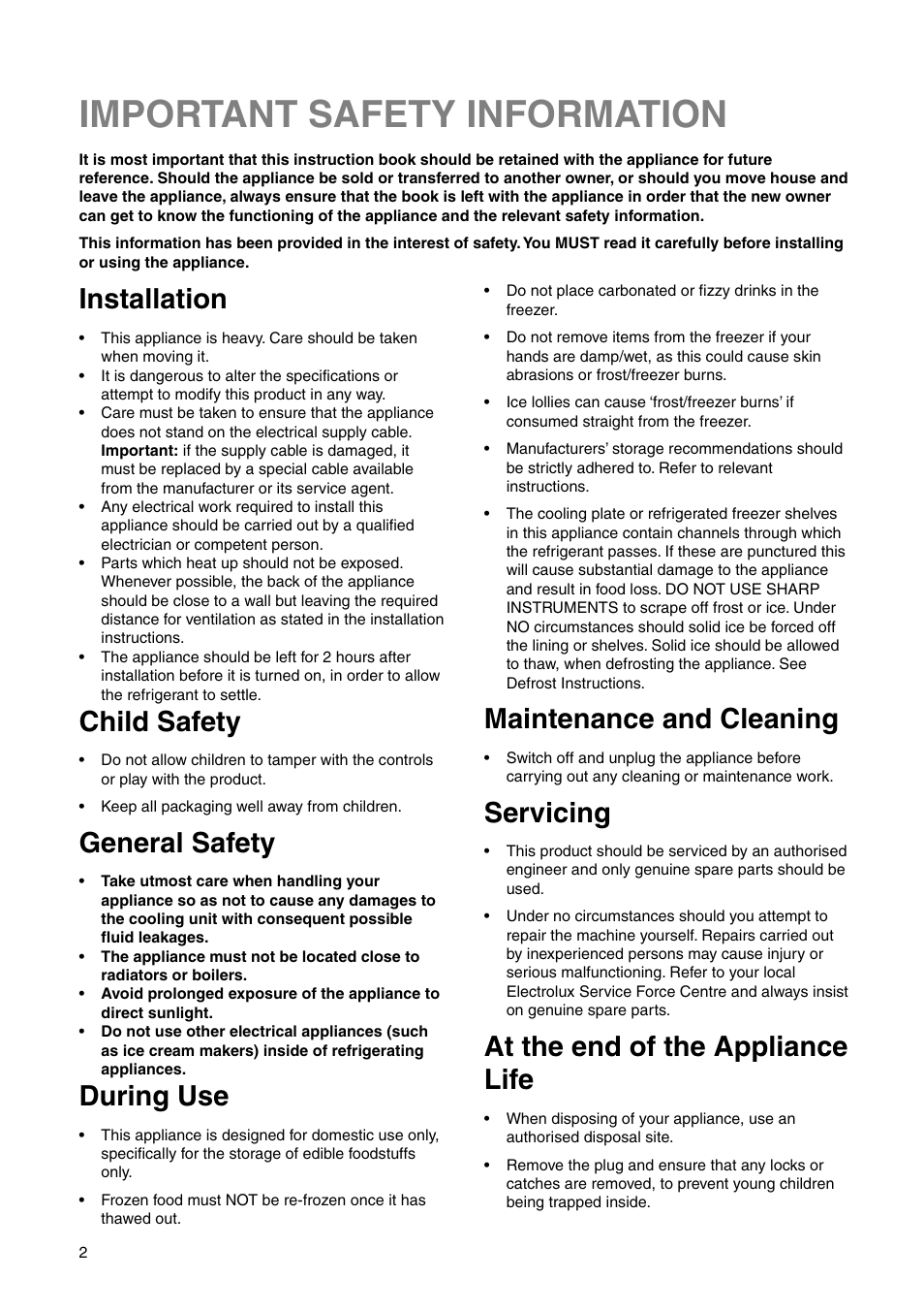 Important safety information, Installation, Child safety | General safety, During use, Maintenance and cleaning, Servicing, At the end of the appliance life | Zanussi Z1921/8 FFA User Manual | Page 2 / 20