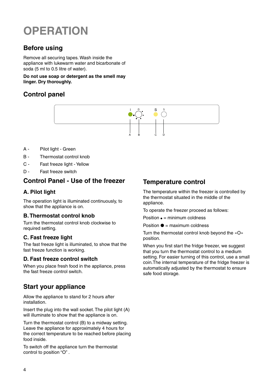 Operation, Before using, Control panel | Control panel - use of the freezer, Start your appliance, Temperature control | Zanussi Z1921/8 FFA User Manual | Page 4 / 20