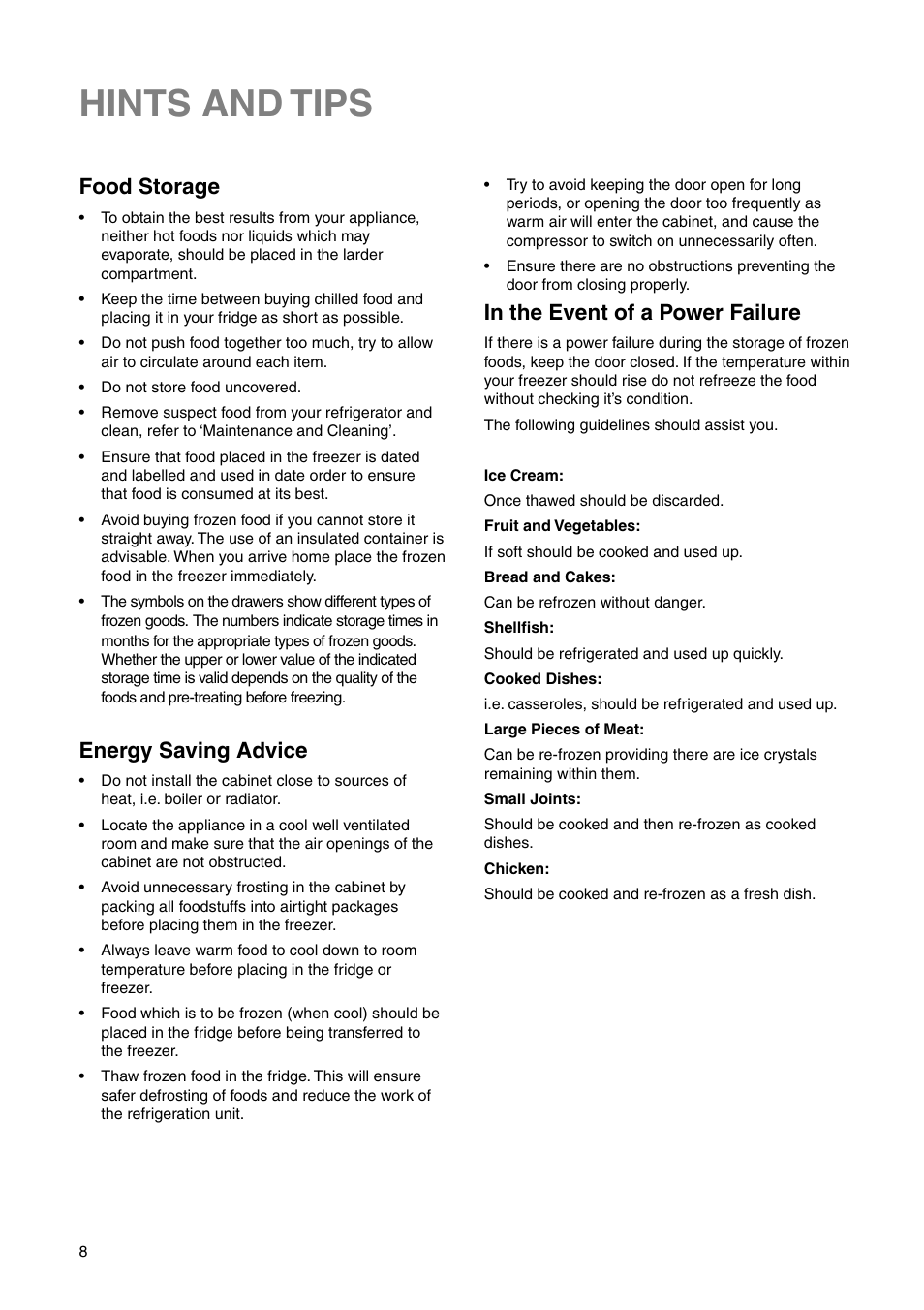 Hints and tips, Food storage, Energy saving advice | Zanussi Z1921/8 FFA User Manual | Page 8 / 20