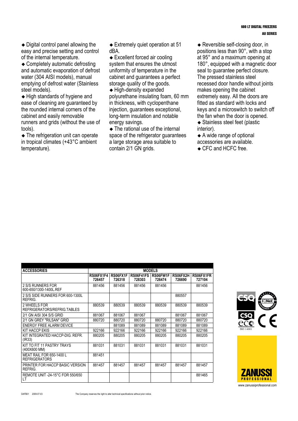 Zanussi, Extremely quiet operation at 51 dba, Stainless steel feet (plastic interior) | A wide range of optional accessories are available, Cfc and hcfc free | Zanussi 726457 User Manual | Page 2 / 5