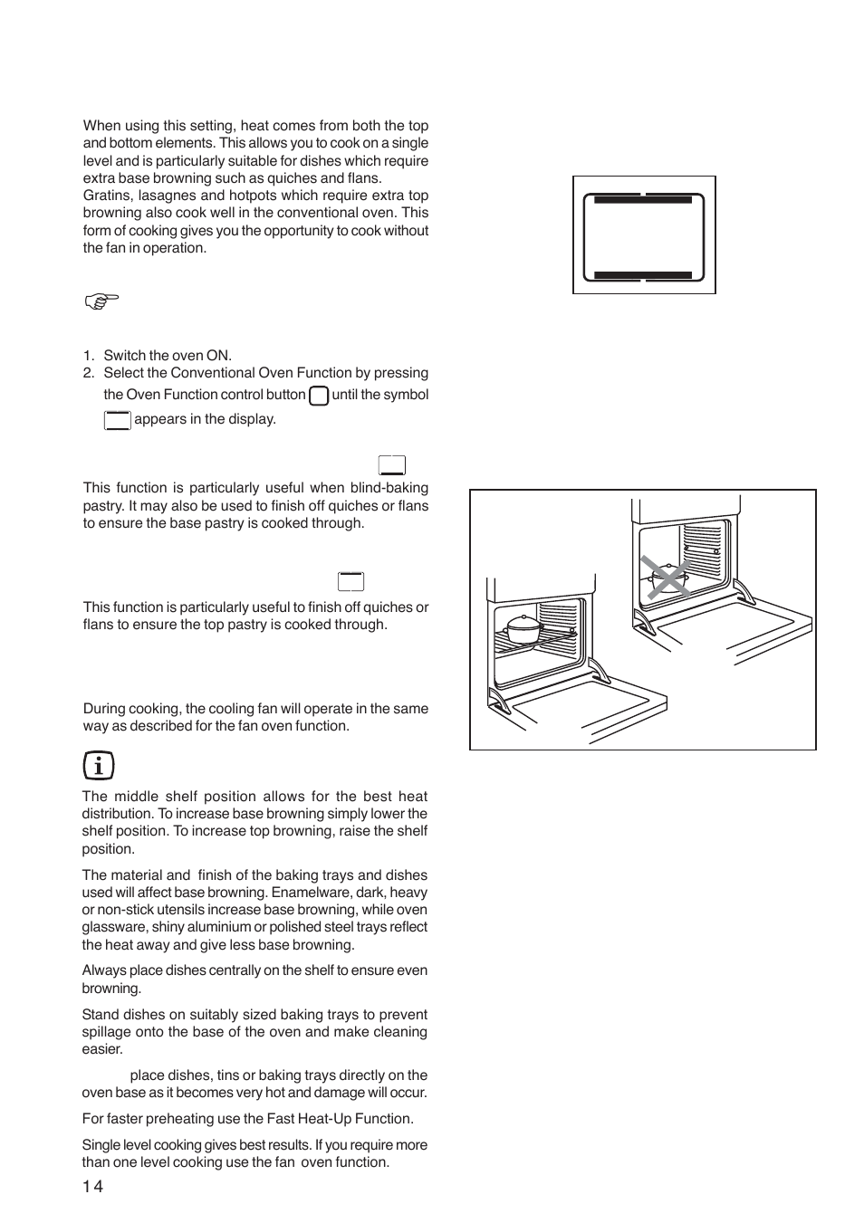 The conventional oven, How to use the conventional oven, Bottom oven element only | Top oven element only, Hints and tips | Zanussi ZOB 1060 User Manual | Page 14 / 28