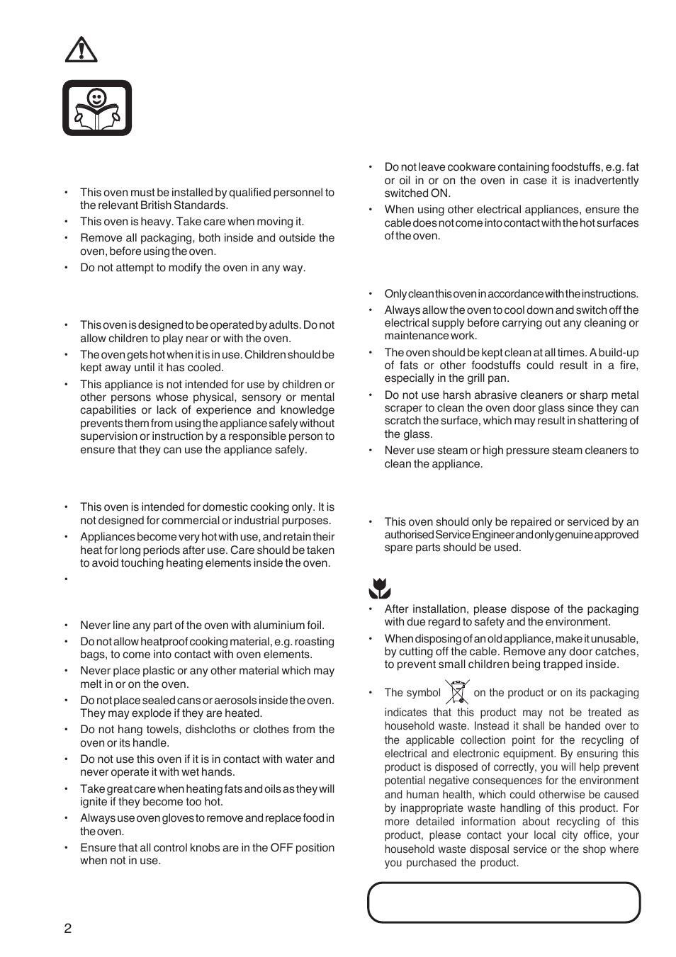 Important safety information, Installation, Child safety | During use, Maintenance and cleaning, Service, Environmental information | Zanussi ZOB 1060 User Manual | Page 2 / 28
