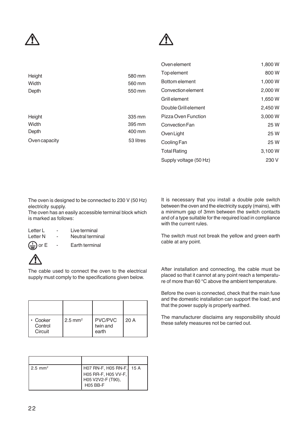 Electrical connection, Installation, Technical data | For uk use only, Heating elements rating | Zanussi ZOB 1060 User Manual | Page 22 / 28