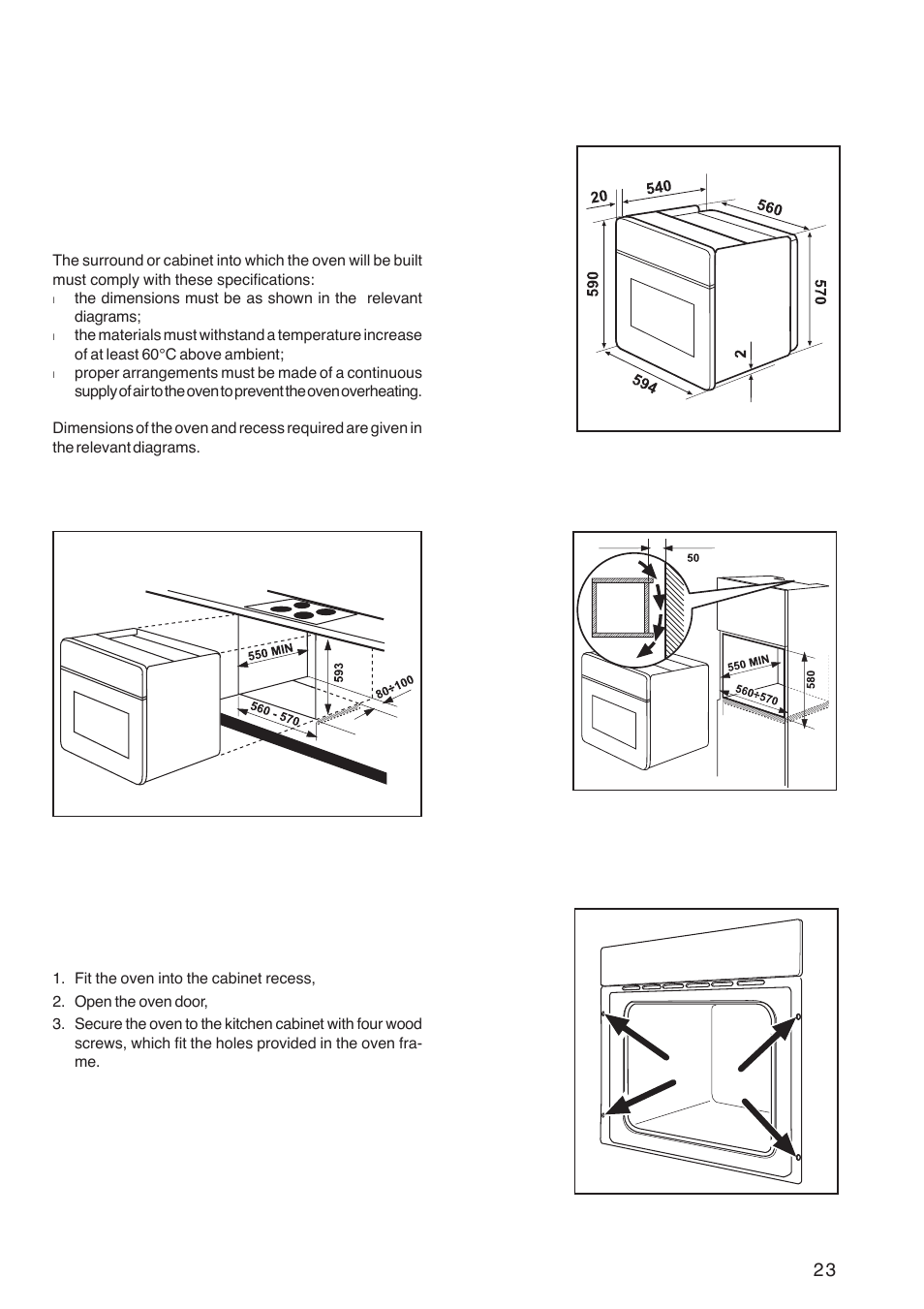 Building in, Securing the oven to the cabinet | Zanussi ZOB 1060 User Manual | Page 23 / 28
