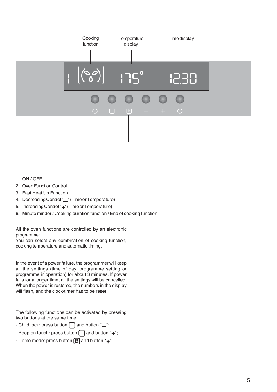 Control panel, Special functions, Push buttons | Zanussi ZOB 1060 User Manual | Page 5 / 28