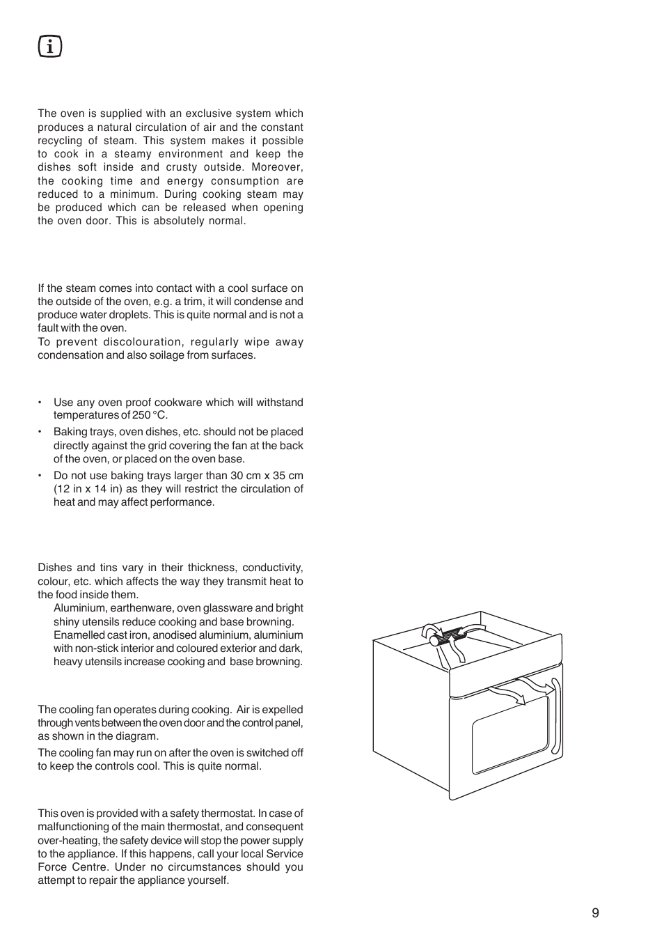Hints and tips, Condensation and steam, Cookware | The effects of dishes on cooking results, Cooling fan, The safety thermostat | Zanussi ZOB 1060 User Manual | Page 9 / 28