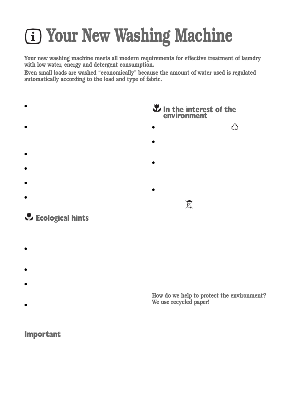 Your new washing machine, Ecological hints, Important | Zanussi ZWF 1241 W User Manual | Page 4 / 26