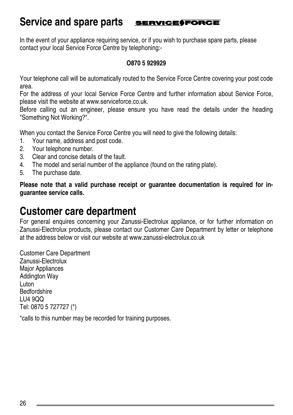 Service and spare parts, Customer care department | Zanussi ZCGHL54 User Manual | Page 26 / 36