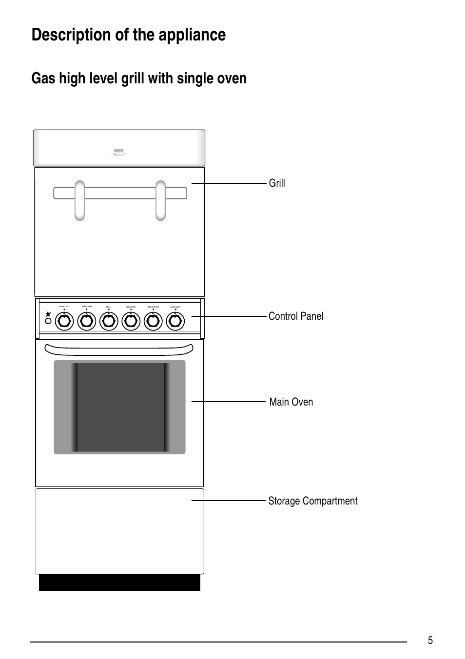 Description of the appliance, Gas high level grill with single oven, Storage compartment main oven control panel grill | Zanussi ZCGHL54 User Manual | Page 5 / 36