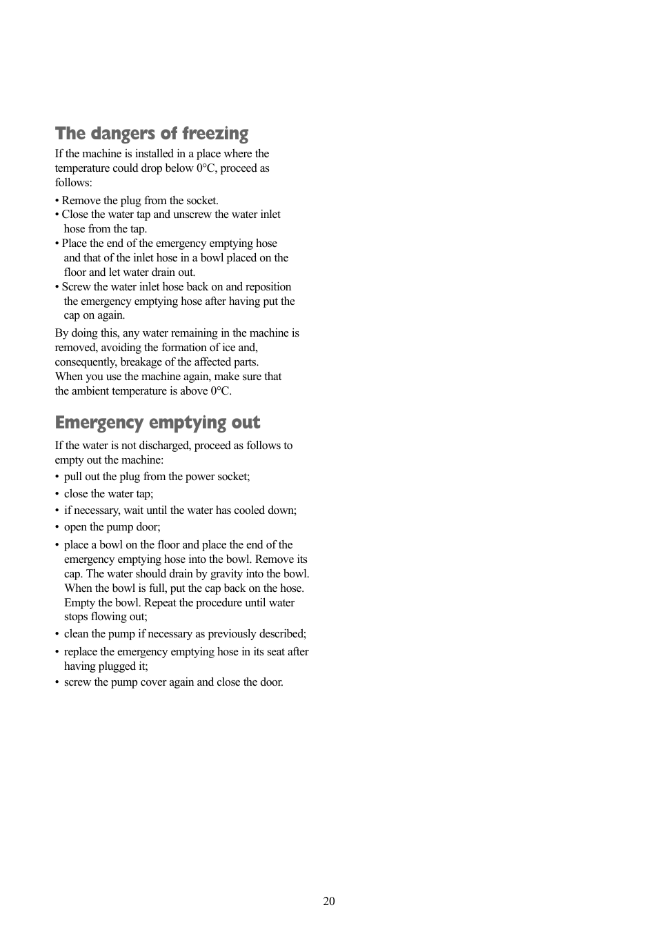 The dangers of freezing, Emergency emptying out | Zanussi ZWF 1240 W User Manual | Page 20 / 30