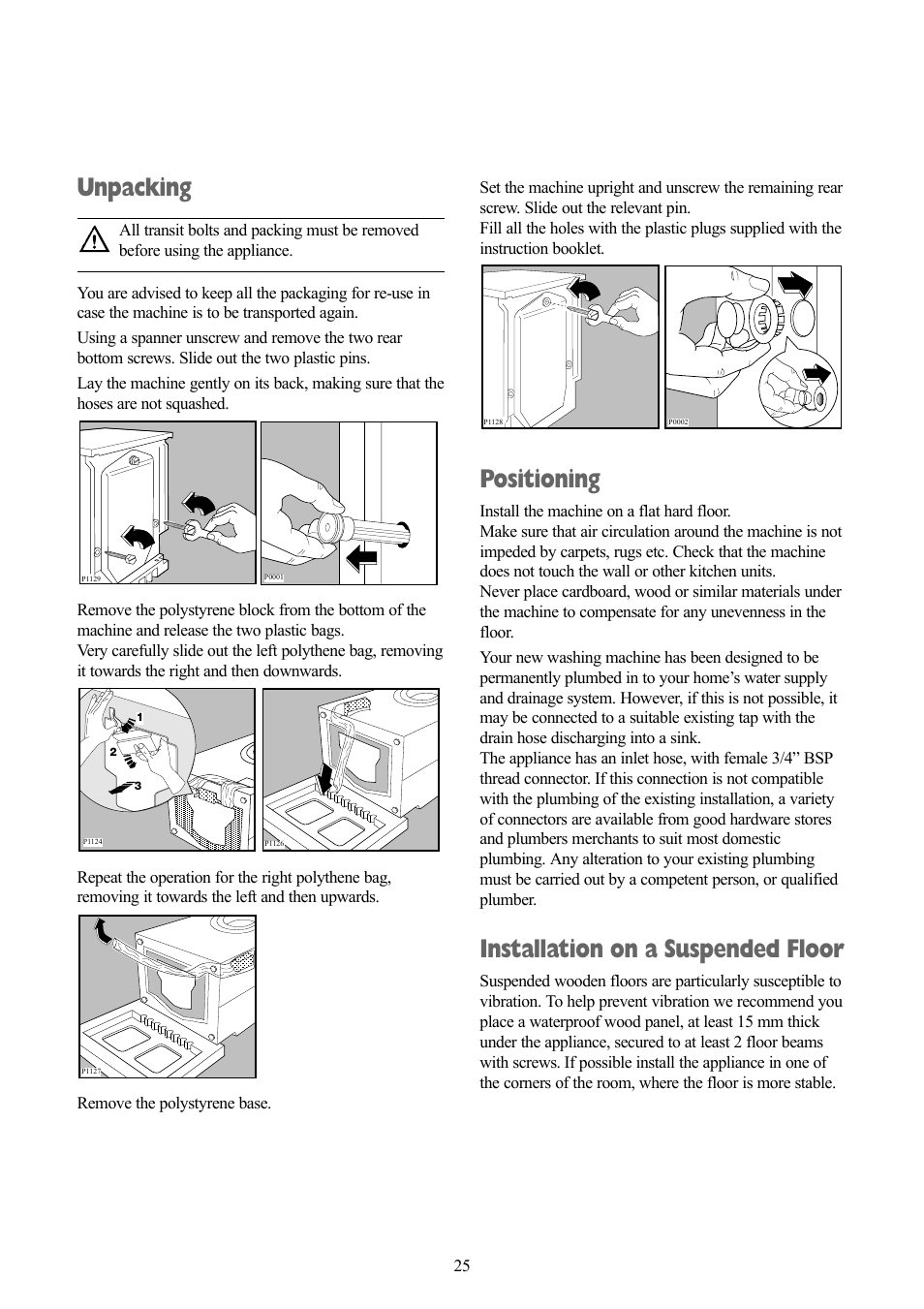 Unpacking, Positioning, Installation on a suspended floor | Zanussi ZWF 1240 W User Manual | Page 25 / 30