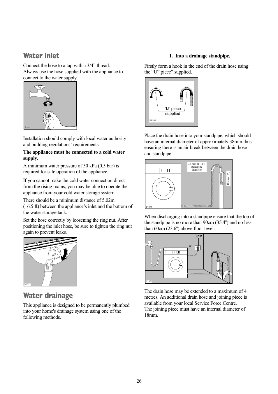 Water inlet, Water drainage | Zanussi ZWF 1240 W User Manual | Page 26 / 30