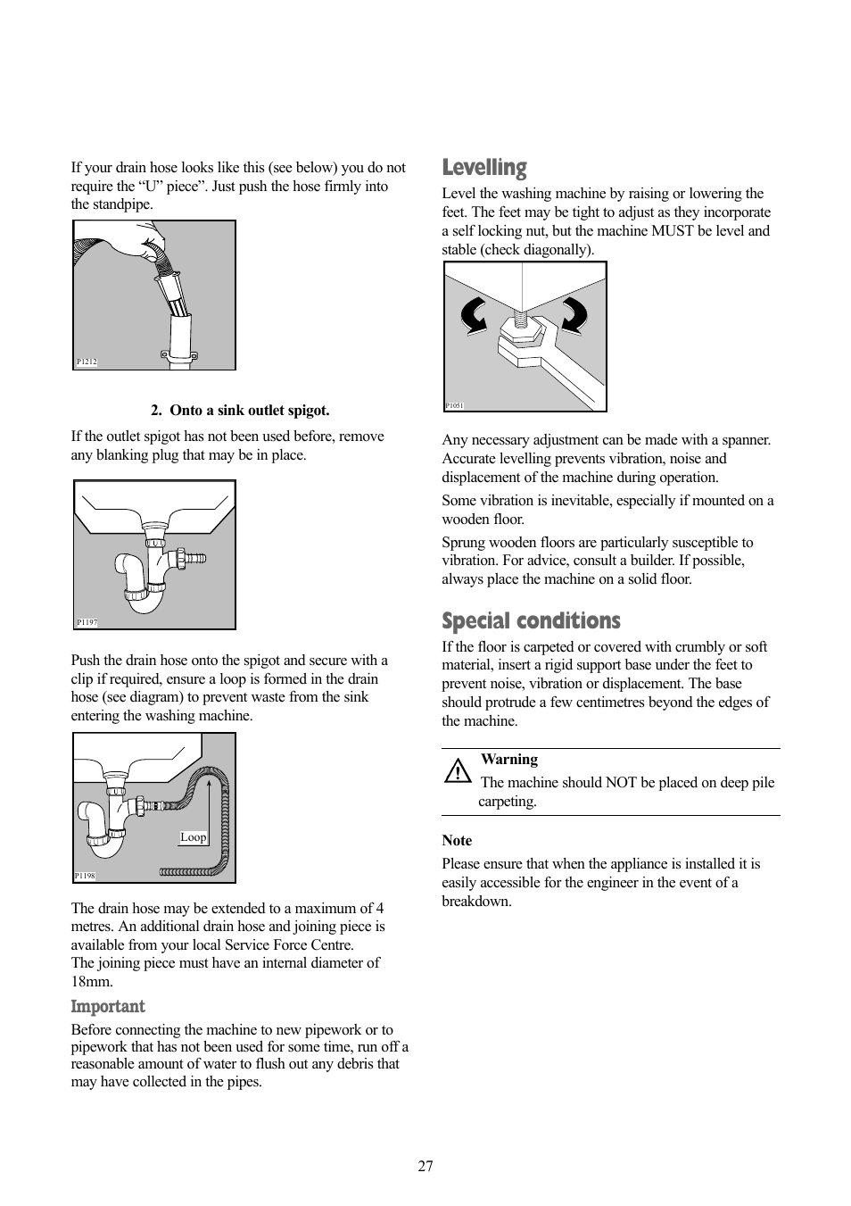 Levelling, Special conditions, Important | Zanussi ZWF 1240 W User Manual | Page 27 / 30