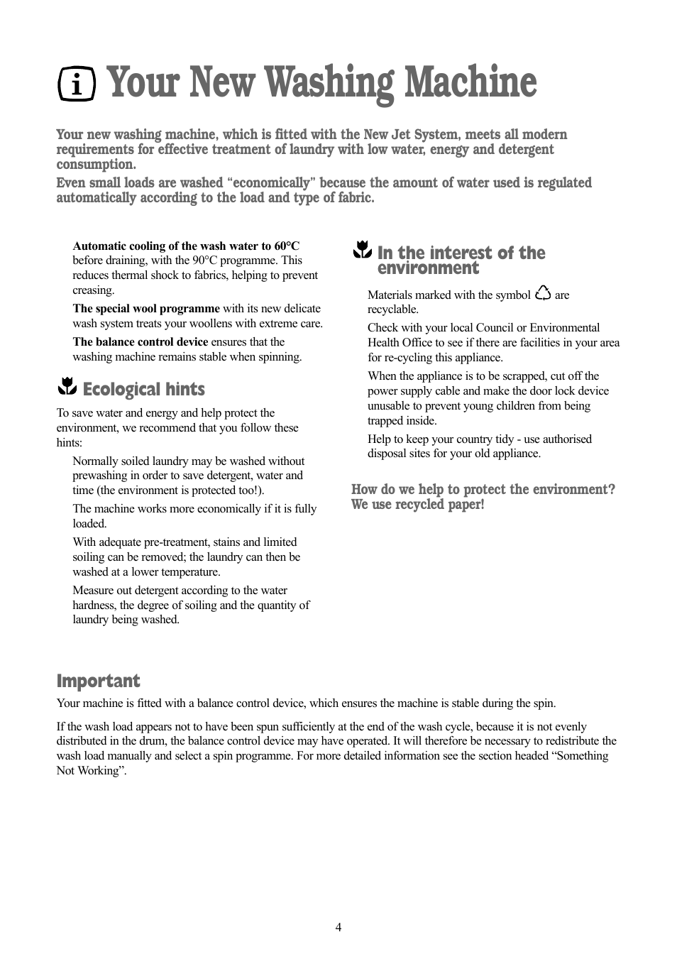 Your new washing machine, Ecological hints, Important | Zanussi ZWF 1240 W User Manual | Page 4 / 30