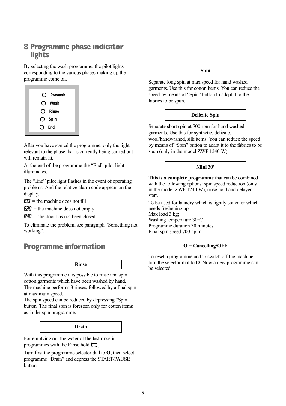 8 programme phase indicator lights, Programme information | Zanussi ZWF 1240 W User Manual | Page 9 / 30