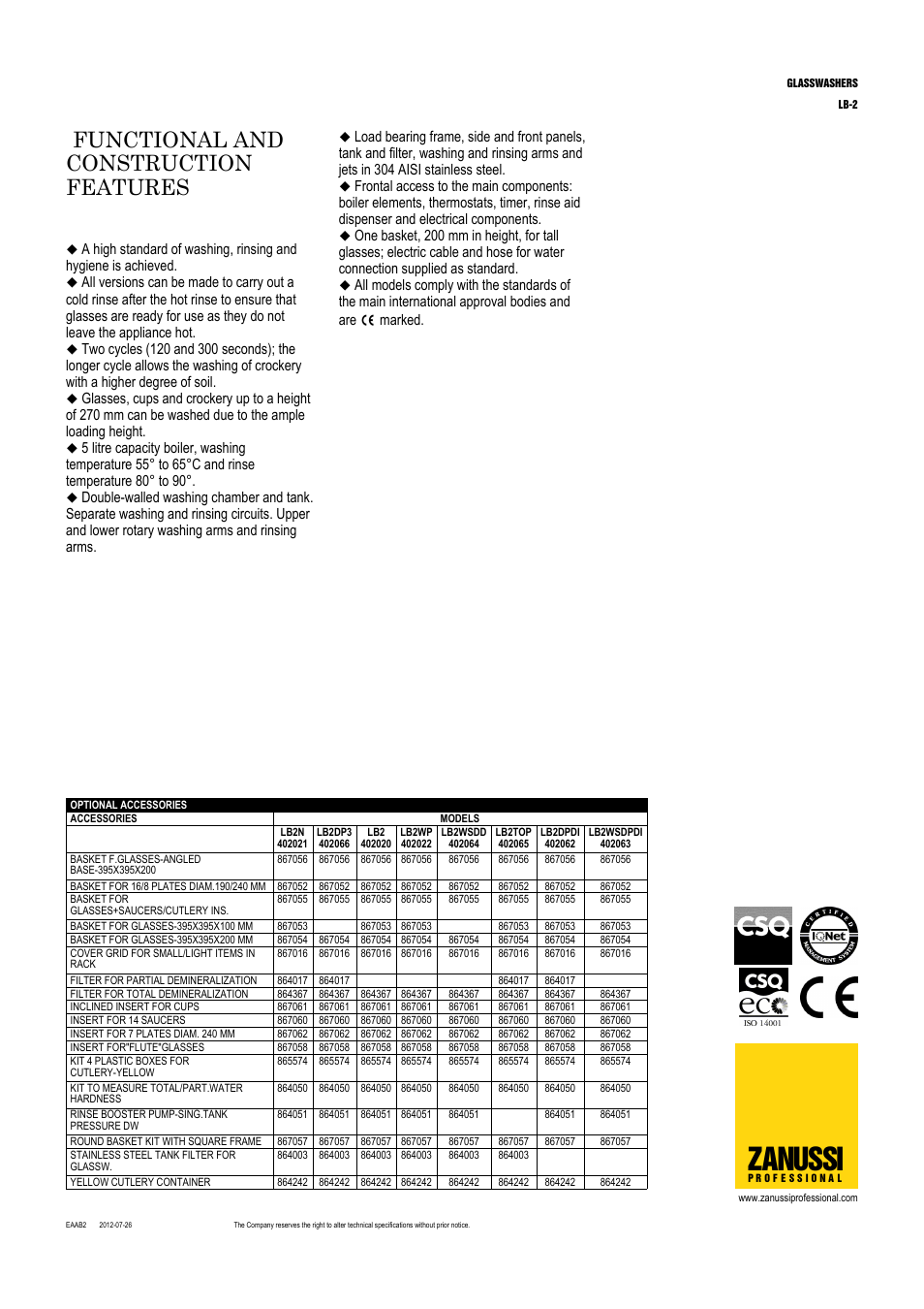 Zanussi, Functional and construction features | Zanussi 402020 User Manual | Page 2 / 5