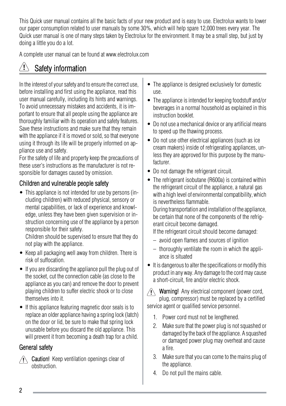 Safety information | Zanussi ZFC631WAP  EN User Manual | Page 2 / 8