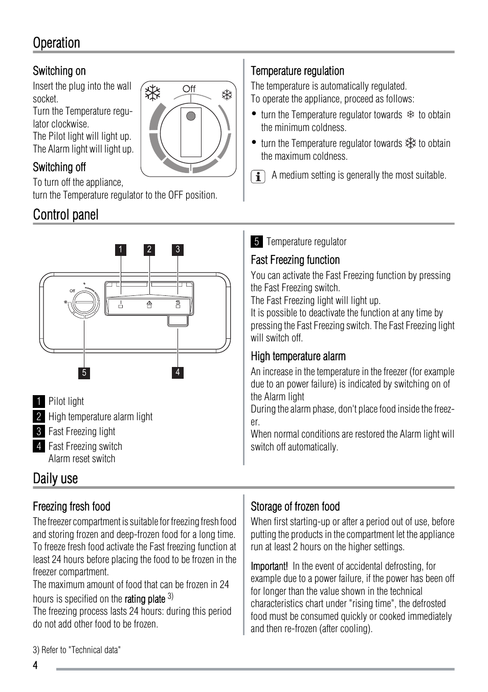 Operation, Control panel, Daily use | Zanussi ZFC631WAP  EN User Manual | Page 4 / 8