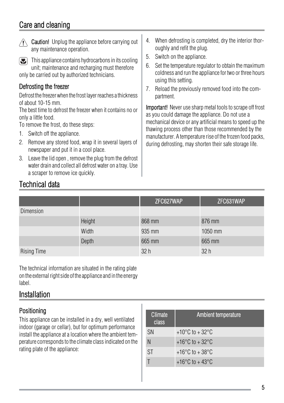 Care and cleaning, Technical data, Installation | Zanussi ZFC631WAP  EN User Manual | Page 5 / 8