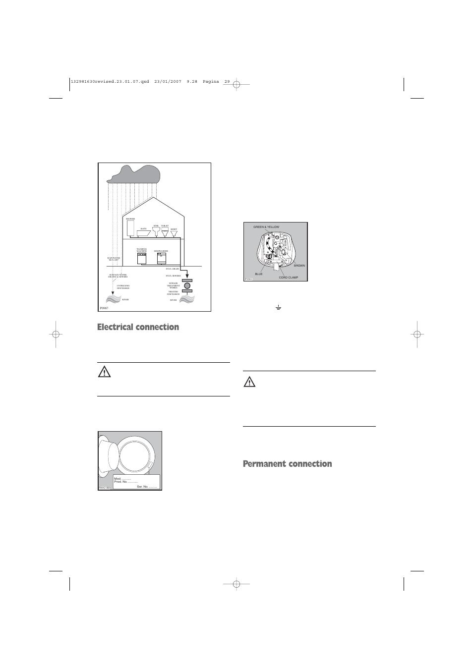 Electrical connection, Permanent connection, Mod . .......... prod. n o. ........ ... se r. n o | Zanussi 1262 W User Manual | Page 29 / 30
