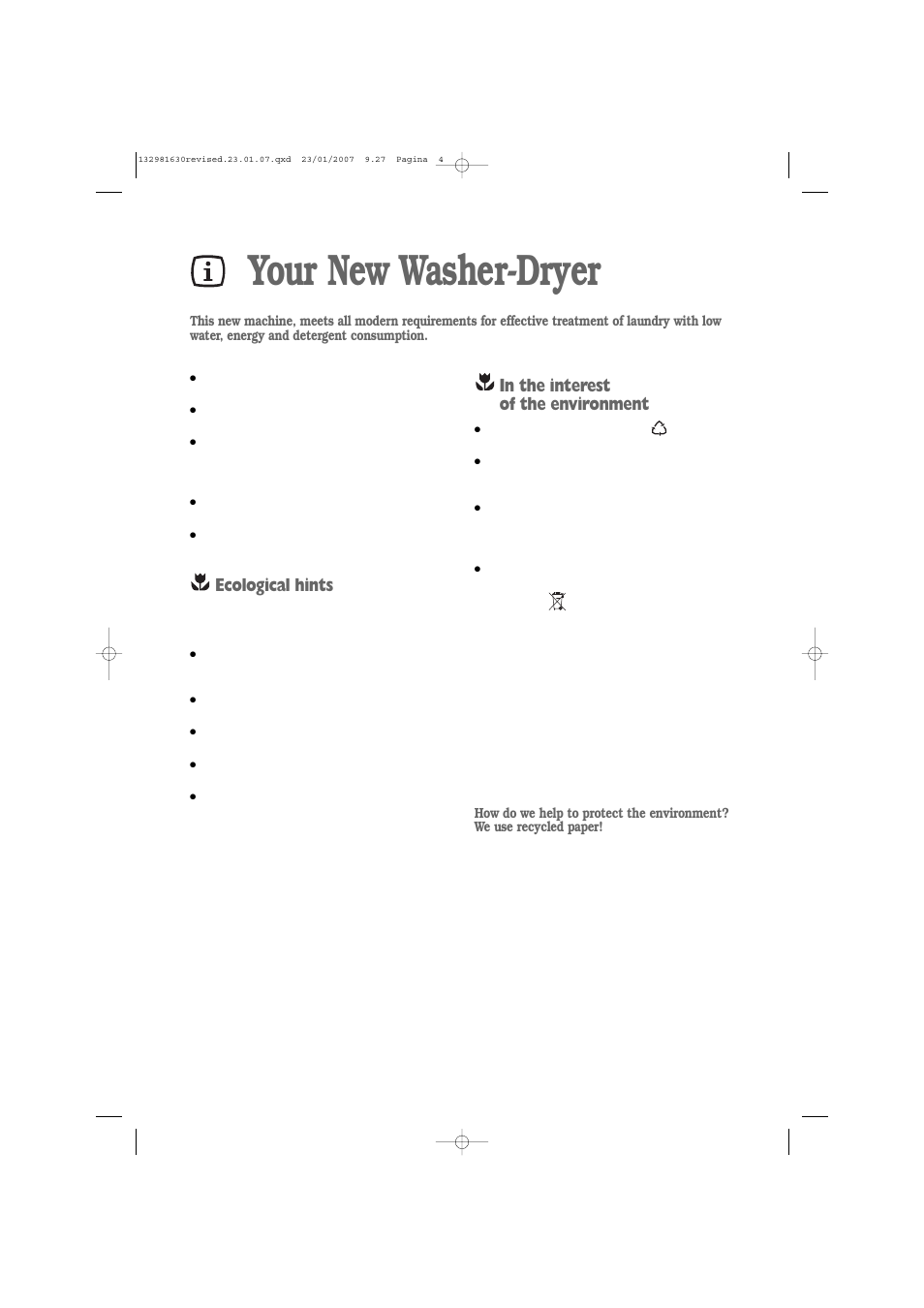 Your new washer-dryer, Ecological hints | Zanussi 1262 W User Manual | Page 4 / 30