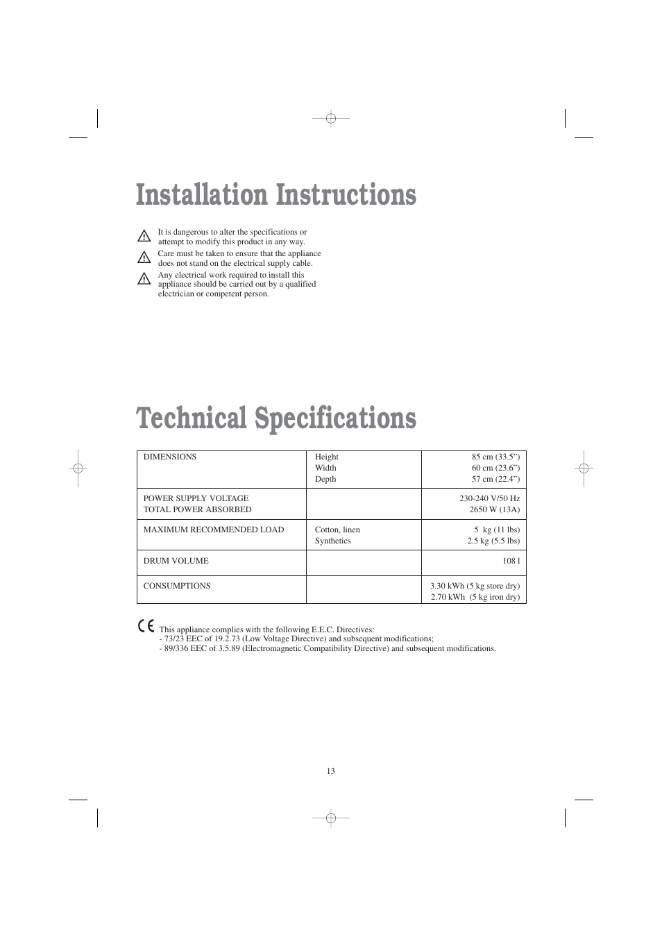 Installation instructions technical specifications | Zanussi TD 4112 W User Manual | Page 13 / 17