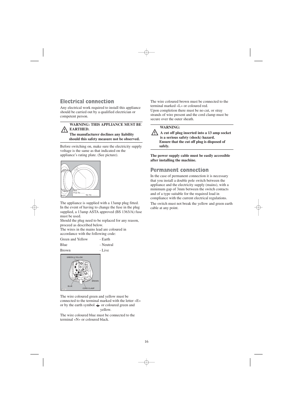 Electrical connection, Permanent connection | Zanussi TD 4112 W User Manual | Page 16 / 17