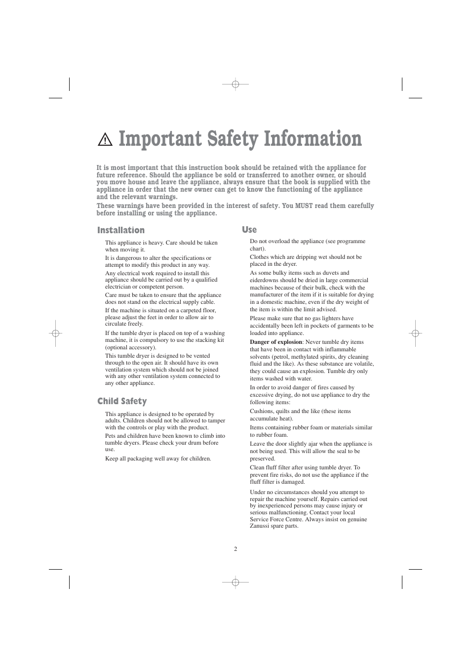 Important safety information, Installation, Child safety | Zanussi TD 4112 W User Manual | Page 2 / 17