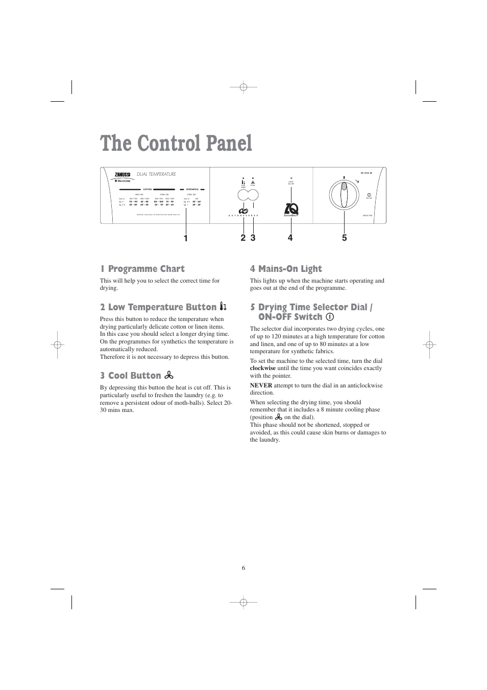 The control panel, 1 programme chart, 2 low temperature button | 3 cool button, 4 mains-on light, 5 drying time selector dial / on-off switch | Zanussi TD 4112 W User Manual | Page 6 / 17