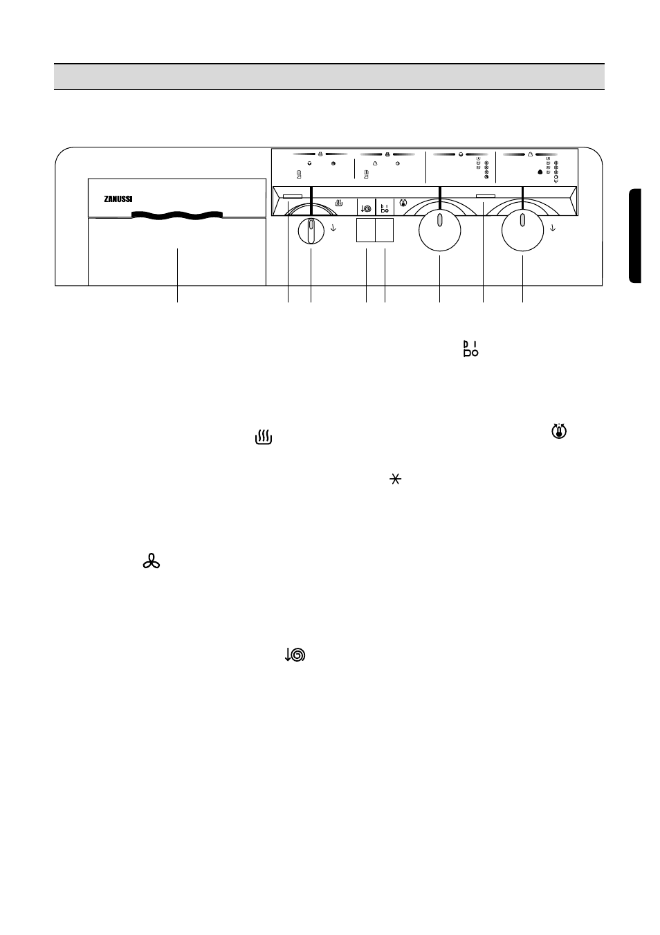 3 drying time selector dial, 4 spin speed reduction button, 5 on/off button | 6 temperature selector dial, 7 operating pilot light, 8 programme selector dial, English | Zanussi WASHER-DRYER WJS 1382 User Manual | Page 9 / 22