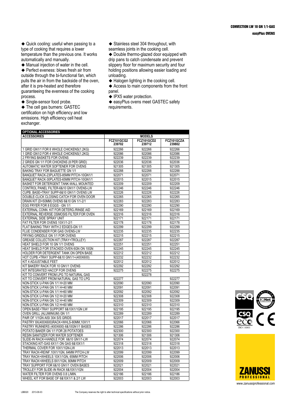 Zanussi, Manual injection of water in the cell, Single-sensor food probe | Halogen lighting in the cooking cell, Access to main components from the front panel, Ipx5 water protection, Easyplus ovens meet gastec safety requirements | Zanussi EasyPlus FCZ101GCG User Manual | Page 2 / 3