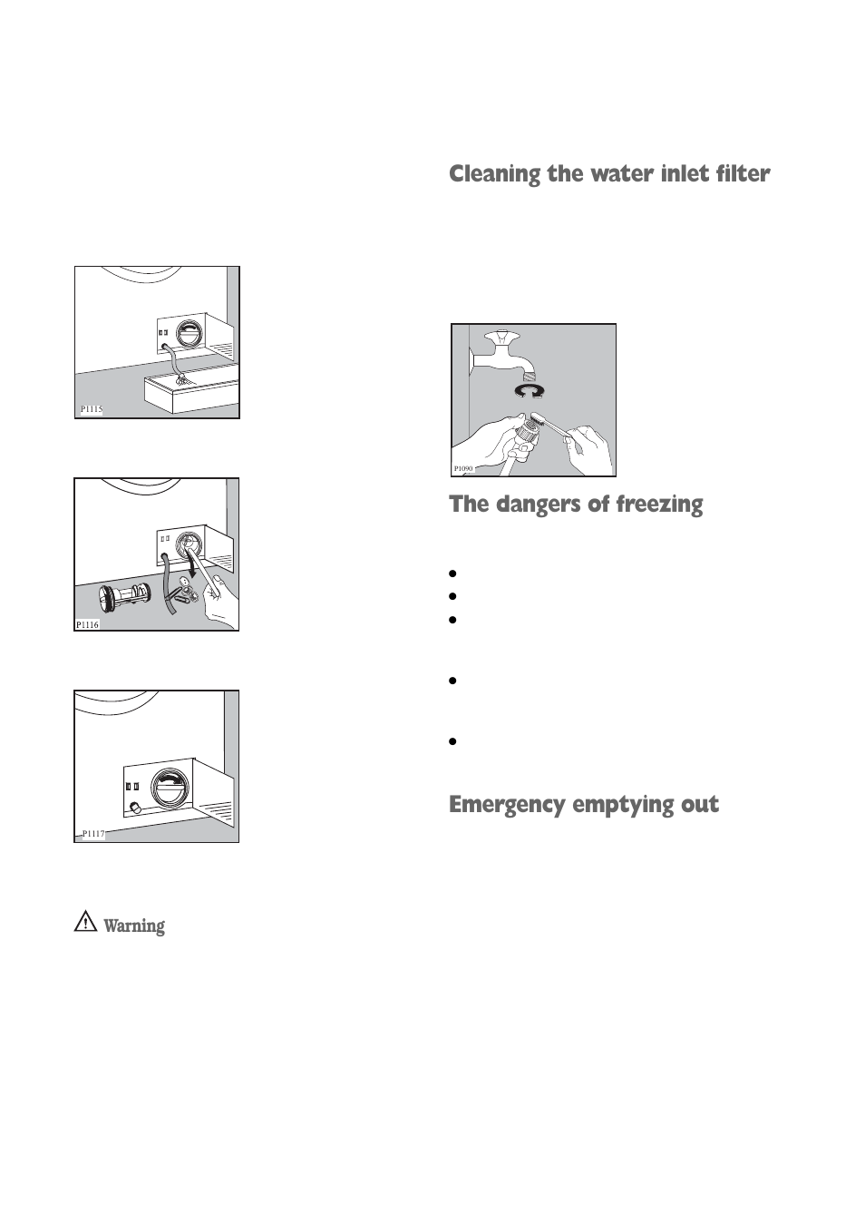 Cleaning the water inlet filter, The dangers of freezing, Emergency emptying out | Warning | Zanussi ZWD 1472 S User Manual | Page 21 / 30